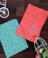 Peach Coloured Cotton Block Print Kurti Set